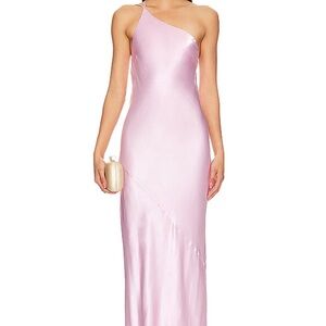 Shonajoy La Lune One Shoulder Cowl Back Maxi Dress - Peony Satin Dress Sz 0